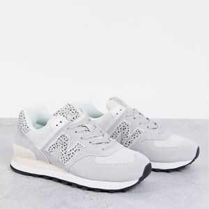 Women’s New Balance 574 animal sneakers in white/gray/peach and leopard